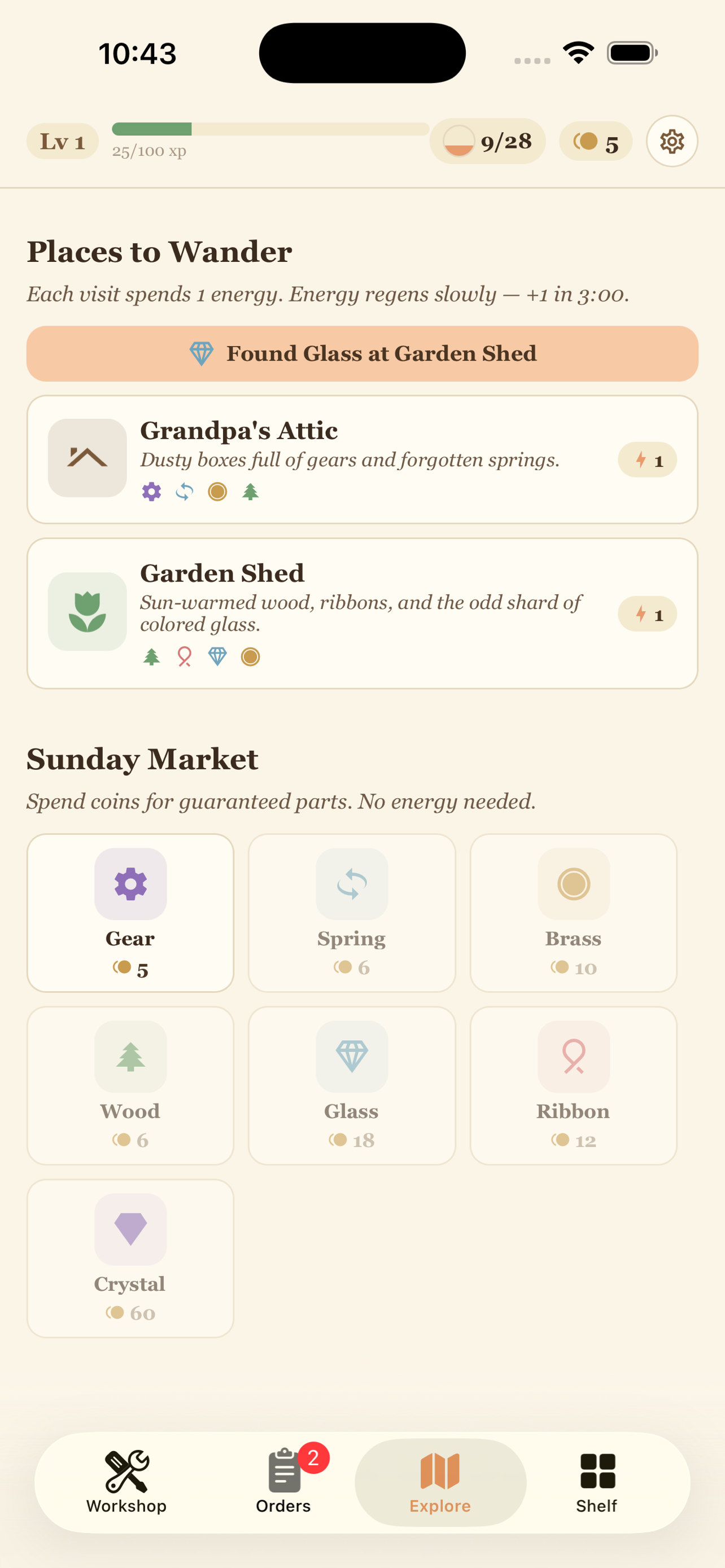 Explore — wander to gather parts